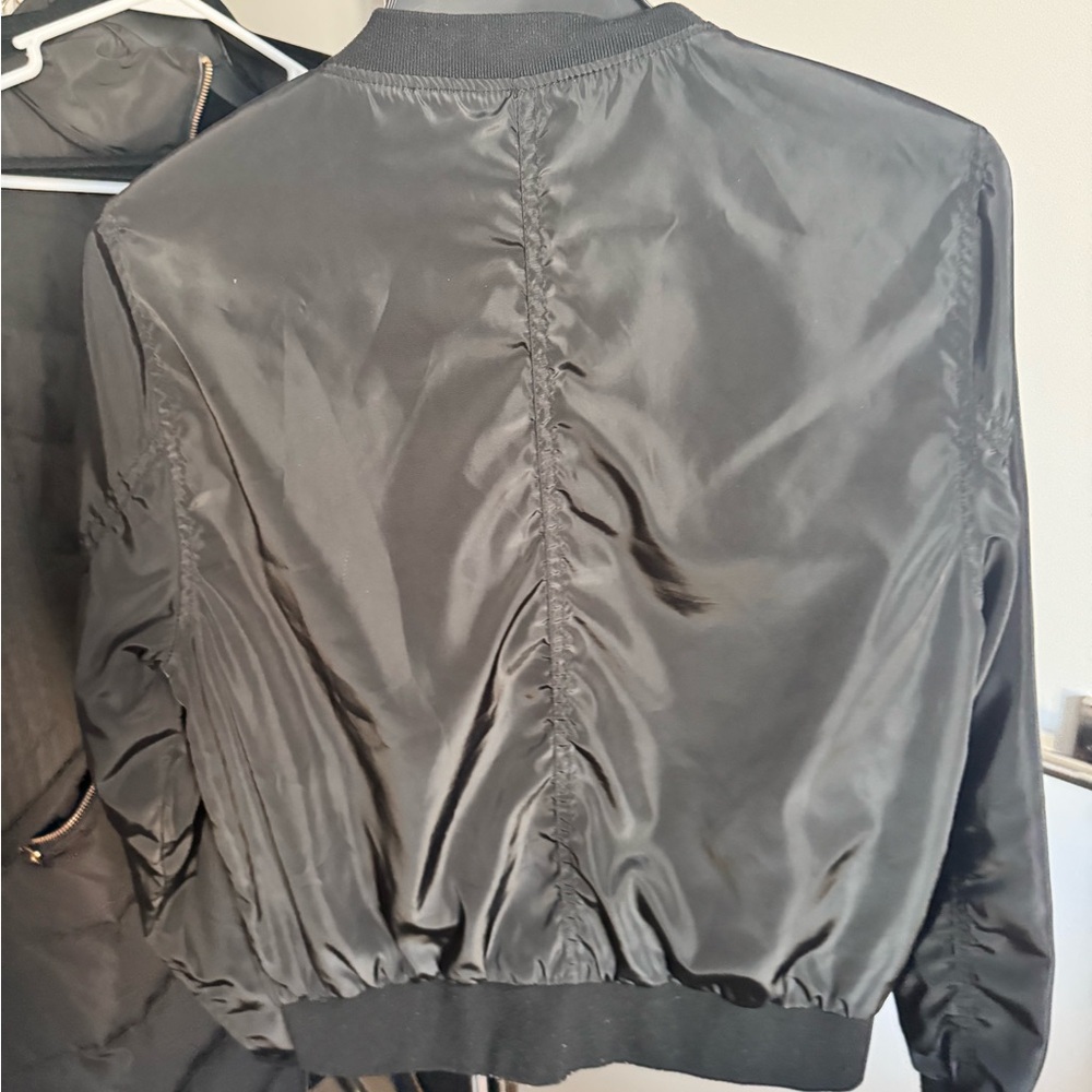 Love Tree Black Satin Bomber Jacket with Gold Zipper - Picture 3 of 3